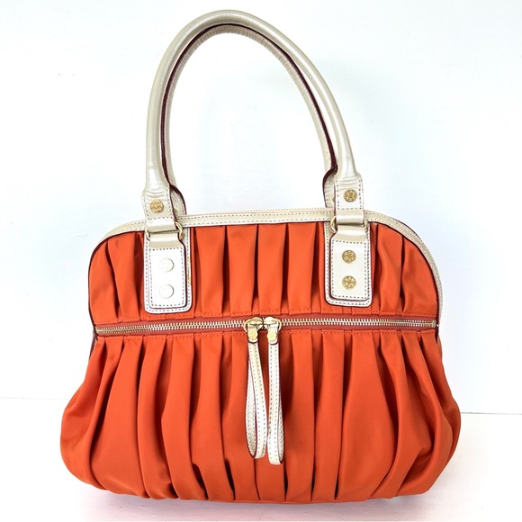MZ WALLACE Bea Bedford Pleated Orange Nylon Gold Leather Trim Shoulder Bag Tote - Picture 2 of 16